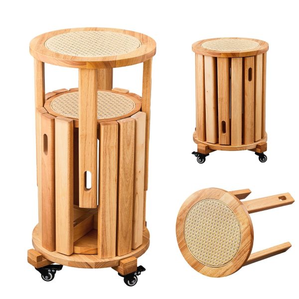 4/6 PCS Stackable Stools, Rubber Wood Stool with Rattan Woven Seat and Mobile Base, Stacking Side Stool for Dining Table, Walnut / Natural Wood