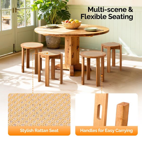 4/6 PCS Stackable Stools, Rubber Wood Stool with Rattan Woven Seat and Mobile Base, Stacking Side Stool for Dining Table, Walnut / Natural Wood