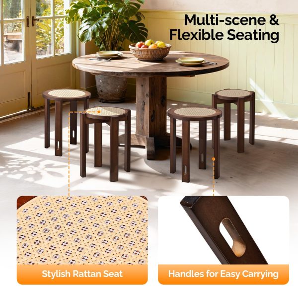 4/6 PCS Stackable Stools, Rubber Wood Stool with Rattan Woven Seat and Mobile Base, Stacking Side Stool for Dining Table, Walnut / Natural Wood