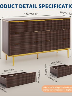 GarveeHome 7 Drawers Dresser for Bedroom, 54in Wide Fluted Chest of Drawers Dresser Wood Storage Cabinet Curved Design TV Stand with Gold Metal Handles for Bedroom Living Room, Walnut