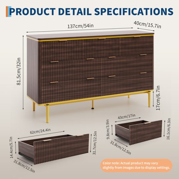 local-goods-image-5d90e5c7-ba325459-828a-4604-b015-fca521bef240 GarveeHome 7 Drawers Dresser for Bedroom, 54in Wide Fluted Chest of Drawers Dresser Wood Storage Cabinet Curved Design TV Stand with Gold Metal Handles for Bedroom Living Room, Walnut