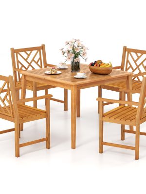 5-Pieces Patio Dining Table Set Wood Square Dining Table with 4 Chairs and Slatted Tabletop, Comfortable Outdoor Seating for Patio Garden Porch Pool Beach