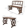 Outdoor Table and Chairs for 4 People, Wooden Patio Table and Dining Bench Set, 3 Piece All Weather Furniture Set with Wagon Wheel Design for Backyard Garden, Deck, Carbonized
