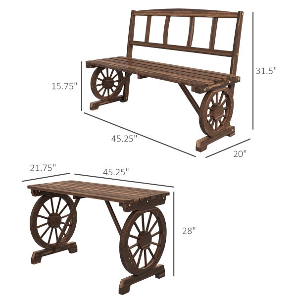 Outdoor Table and Chairs for 4 People, Wooden Patio Table and Dining Bench Set, 3 Piece All Weather Furniture Set with Wagon Wheel Design for Backyard Garden, Deck, Carbonized