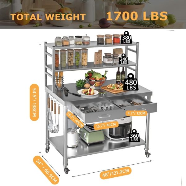 local-goods-image-72871079-afddb927-5397-42f9-8e76-bf4c2ef96938-84ae7e9b53d65873782eb3d8a8b7918a Stainless Steel Prep Table 48"x24" - with Shelves, Drawer & 2 Adjustable Overshelves, Steel Countertop for Home, Restaurant & Garage