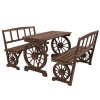 Outdoor Table and Chairs for 4 People, Wooden Patio Table and Dining Bench Set, 3 Piece All Weather Furniture Set with Wagon Wheel Design for Backyard Garden, Deck, Carbonized