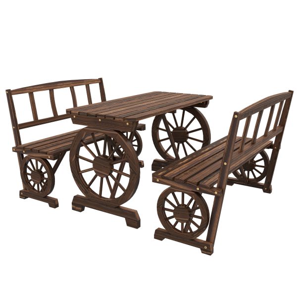 Outdoor Table and Chairs for 4 People, Wooden Patio Table and Dining Bench Set, 3 Piece All Weather Furniture Set with Wagon Wheel Design for Backyard Garden, Deck, Carbonized
