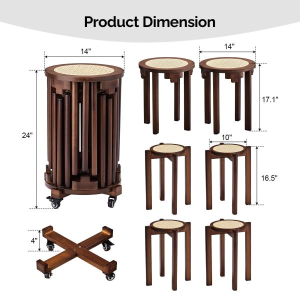 4/6 PCS Stackable Stools, Rubber Wood Stool with Rattan Woven Seat and Mobile Base, Stacking Side Stool for Dining Table, Walnut / Natural Wood