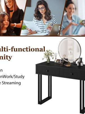 IDEALHOUSE Vanity Desk with Mirror and Lights, 49.2”H Makeup Vanity with 3 Color Lights and Adjustable Brightness, Bedroom Vanity Table with 2 Drawers, Black