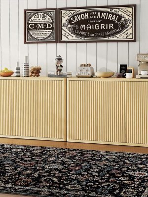 46.7" Sideboard Buffet Cabinet with Storage, Wooden Fluted Storage Cabinet Sideboard with Adjustable Shelves and 3 Doors, Wood Accent Credenza Coffee Bar Table for Kitchen Living Room- Natural