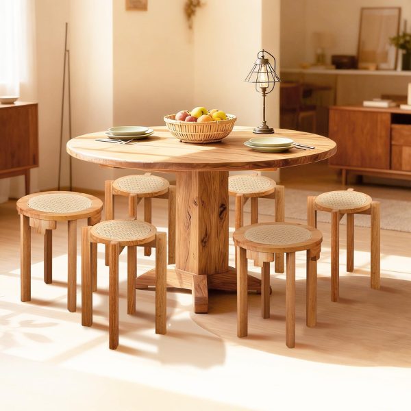 4/6 PCS Stackable Stools, Rubber Wood Stool with Rattan Woven Seat and Mobile Base, Stacking Side Stool for Dining Table, Walnut / Natural Wood