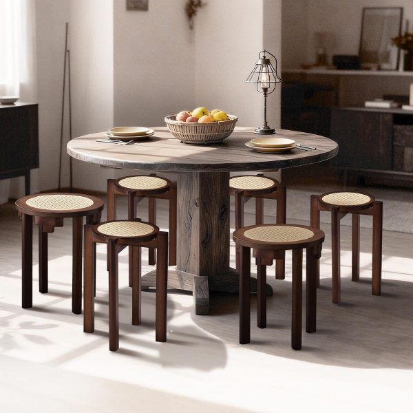 4/6 PCS Stackable Stools, Rubber Wood Stool with Rattan Woven Seat and Mobile Base, Stacking Side Stool for Dining Table, Walnut / Natural Wood