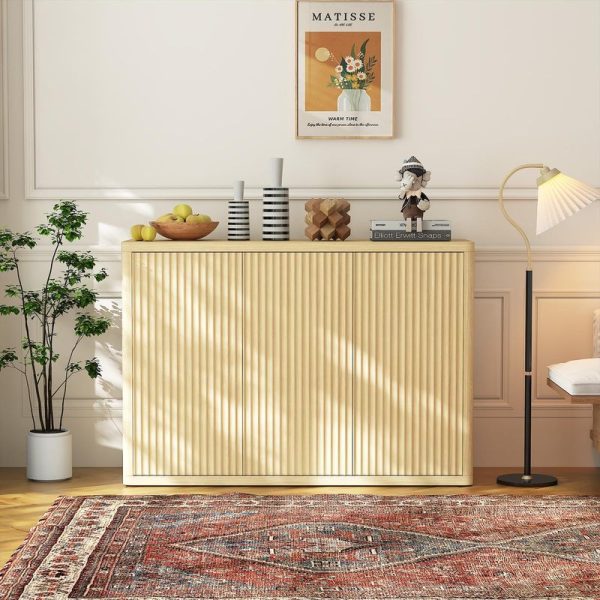 local-goods-image-8d7bd702-f9c3dd91-13bb-4bfc-9aa9-8a39d6544206 46.7" Sideboard Buffet Cabinet with Storage, Wooden Fluted Storage Cabinet Sideboard with Adjustable Shelves and 3 Doors, Wood Accent Credenza Coffee Bar Table for Kitchen Living Room- Natural