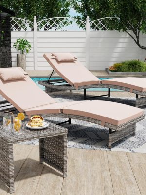 3 Pieces Chaise Lounge Set, Modern Outdoor Patio Furniture with Adjustable Backrest & Side Table, Durable PE Wicker, Weather Resistant Cushions