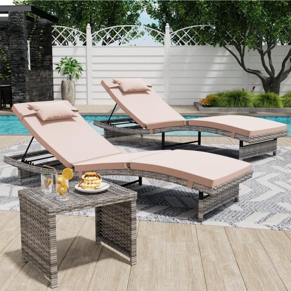 3 Pieces Chaise Lounge Set, Modern Outdoor Patio Furniture with Adjustable Backrest & Side Table, Durable PE Wicker, Weather Resistant Cushions