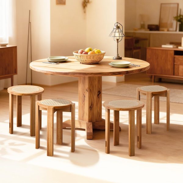 4/6 PCS Stackable Stools, Rubber Wood Stool with Rattan Woven Seat and Mobile Base, Stacking Side Stool for Dining Table, Walnut / Natural Wood