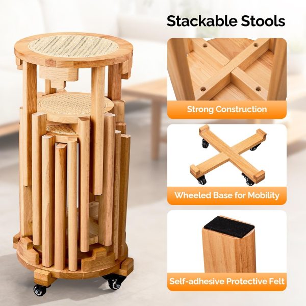 4/6 PCS Stackable Stools, Rubber Wood Stool with Rattan Woven Seat and Mobile Base, Stacking Side Stool for Dining Table, Walnut / Natural Wood