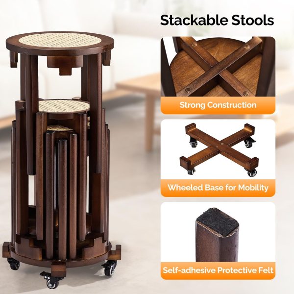 4/6 PCS Stackable Stools, Rubber Wood Stool with Rattan Woven Seat and Mobile Base, Stacking Side Stool for Dining Table, Walnut / Natural Wood
