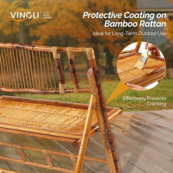 Handmade Bamboo Rattan Double Seat Folding Loveseat - Sturdy Portable Foldable Chair for Outdoor Patio Balcony Garden, Space-Saving Outdoor Leisure Chair