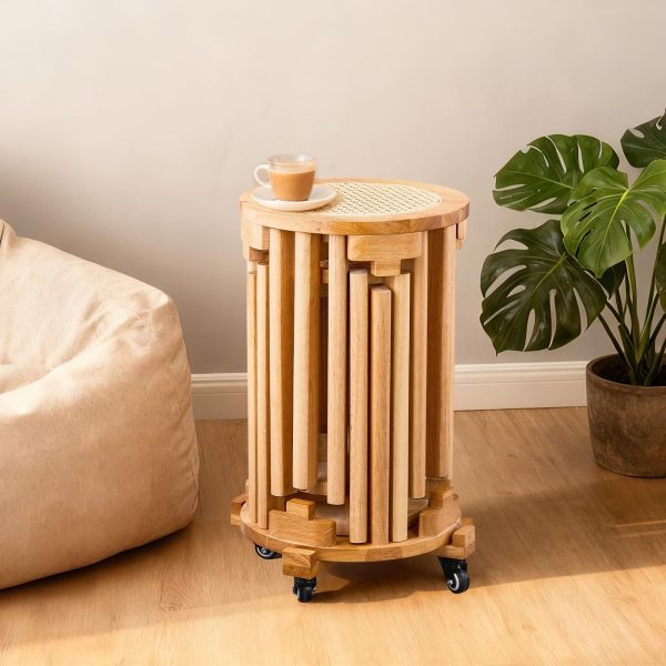 4/6 PCS Stackable Stools, Rubber Wood Stool with Rattan Woven Seat and Mobile Base, Stacking Side Stool for Dining Table, Walnut / Natural Wood