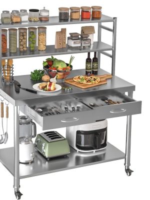 Stainless Steel Prep Table 48"x24" - with Shelves, Drawer & 2 Adjustable Overshelves, Steel Countertop for Home, Restaurant & Garage