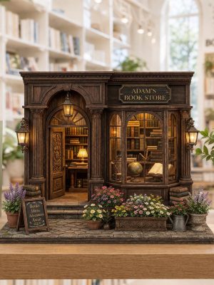 Personalized Mini Bookstore 3-Layer Solid Wood, Custom Name Book Shop Decor, 2D Wood Stand Gift, Vintage Library Miniature Keepsake