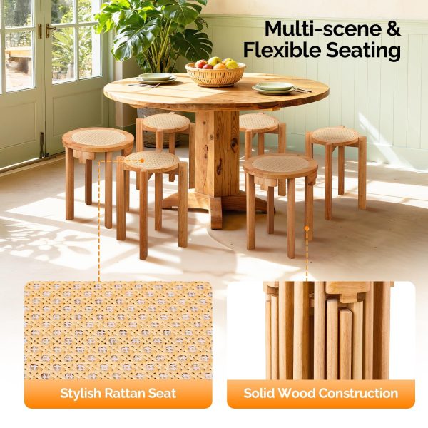 4/6 PCS Stackable Stools, Rubber Wood Stool with Rattan Woven Seat and Mobile Base, Stacking Side Stool for Dining Table, Walnut / Natural Wood