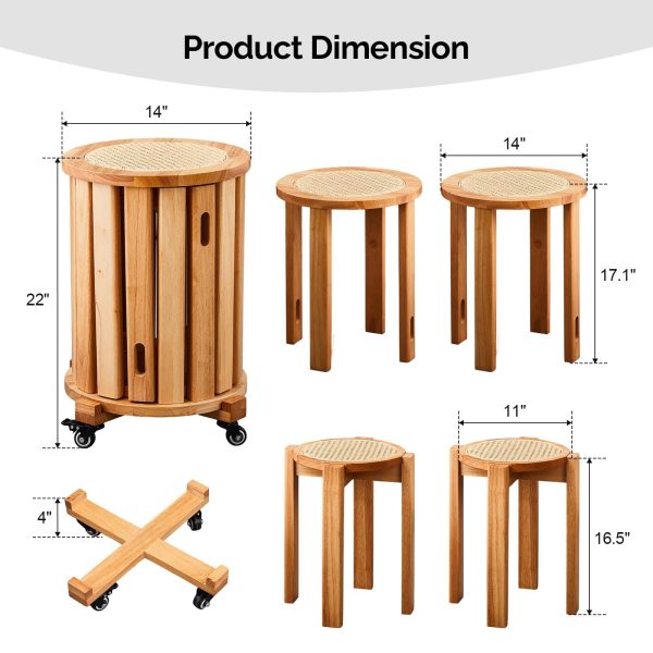 4/6 PCS Stackable Stools, Rubber Wood Stool with Rattan Woven Seat and Mobile Base, Stacking Side Stool for Dining Table, Walnut / Natural Wood