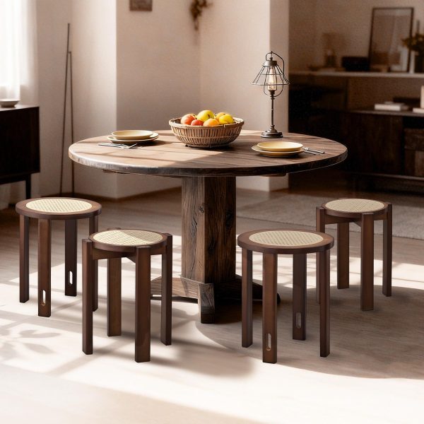 4/6 PCS Stackable Stools, Rubber Wood Stool with Rattan Woven Seat and Mobile Base, Stacking Side Stool for Dining Table, Walnut / Natural Wood