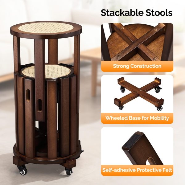 4/6 PCS Stackable Stools, Rubber Wood Stool with Rattan Woven Seat and Mobile Base, Stacking Side Stool for Dining Table, Walnut / Natural Wood
