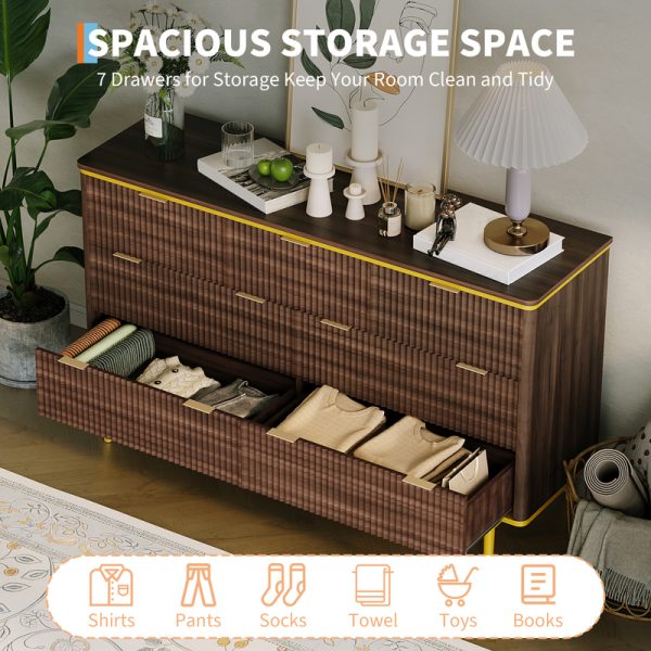 local-goods-image-d98c2d66-f83e30d1-0328-4f88-8bce-900a89f9336e GarveeHome 7 Drawers Dresser for Bedroom, 54in Wide Fluted Chest of Drawers Dresser Wood Storage Cabinet Curved Design TV Stand with Gold Metal Handles for Bedroom Living Room, Walnut