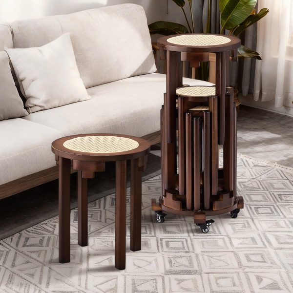 4/6 PCS Stackable Stools, Rubber Wood Stool with Rattan Woven Seat and Mobile Base, Stacking Side Stool for Dining Table, Walnut / Natural Wood