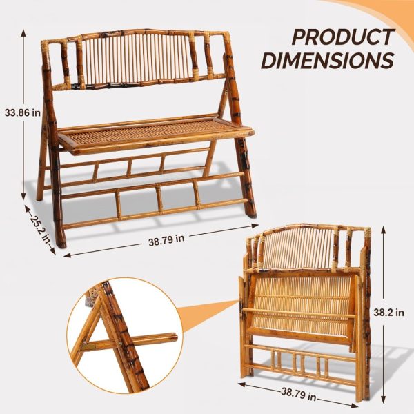 Handmade Bamboo Rattan Double Seat Folding Loveseat - Sturdy Portable Foldable Chair for Outdoor Patio Balcony Garden, Space-Saving Outdoor Leisure Chair