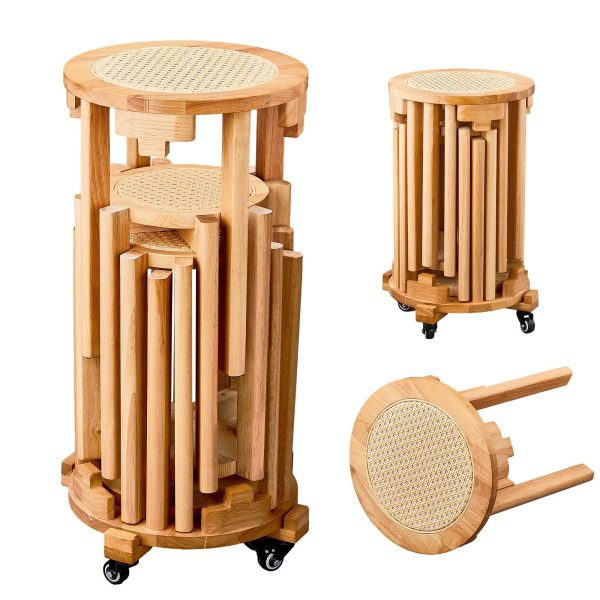 4/6 PCS Stackable Stools, Rubber Wood Stool with Rattan Woven Seat and Mobile Base, Stacking Side Stool for Dining Table, Walnut / Natural Wood