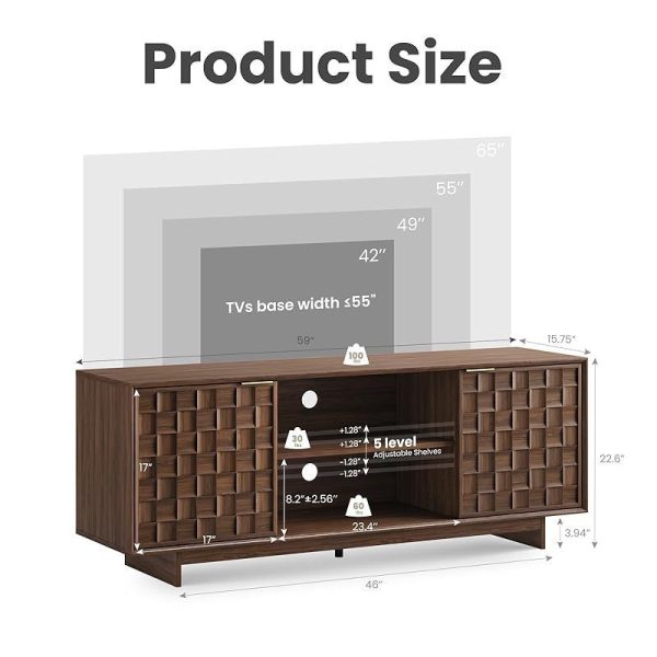 COLAMY TV Stand with Two Doors， Entertainment Center 59" with Adjustable Shelves and Storage， Mid-Century Modern TV Stand for 50/55/65 inch TV， Media Console Cabinet for Living Room， Bedroom Walnut