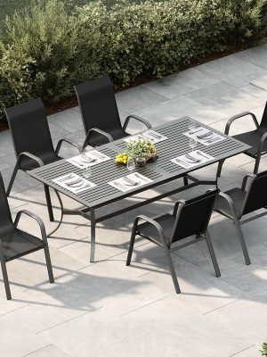 Set of 6 Brown Outdoor Patio Chairs with High Back, Stackable and All-Weather Resistant Textilene Fabric, Perfect for Backyard, Poolside, Garden, and Balcony Dining