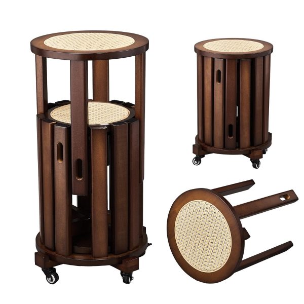 4/6 PCS Stackable Stools, Rubber Wood Stool with Rattan Woven Seat and Mobile Base, Stacking Side Stool for Dining Table, Walnut / Natural Wood