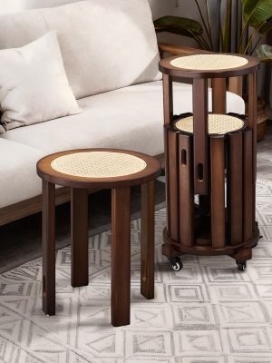 4/6 PCS Stackable Stools, Rubber Wood Stool with Rattan Woven Seat and Mobile Base, Stacking Side Stool for Dining Table, Walnut / Natural Wood