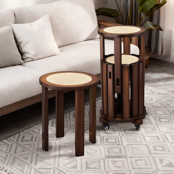 4/6 PCS Stackable Stools, Rubber Wood Stool with Rattan Woven Seat and Mobile Base, Stacking Side Stool for Dining Table, Walnut / Natural Wood