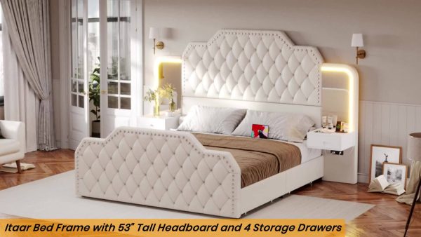 product-031c8264765d69e5d2065ce541642679630e6583.goods_.000001 Queen Size Bed Frame with 2 Nightstands with Mirror, Modern Platform Bed Frame with 53" Tall Headboard and 4 Storage Drawers