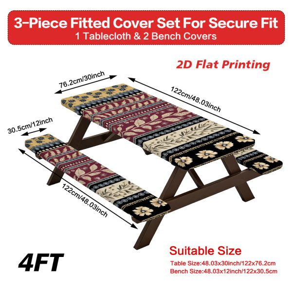 2D Flat A Set of 3 Outdoor Picnic Tables and Benches with Elegant Floral Stripes | Durable Polyester, Elastic Fit, Perfect for Camping, Patios, and Gardens