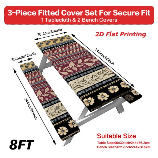2D Flat A Set of 3 Outdoor Picnic Tables and Benches with Elegant Floral Stripes | Durable Polyester, Elastic Fit, Perfect for Camping, Patios, and Gardens