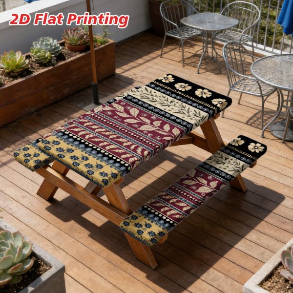 2D Flat A Set of 3 Outdoor Picnic Tables and Benches with Elegant Floral Stripes | Durable Polyester, Elastic Fit, Perfect for Camping, Patios, and Gardens
