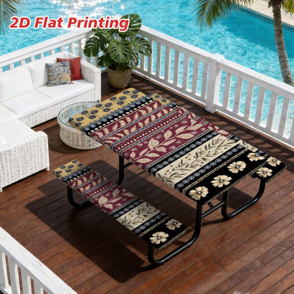 2D Flat A Set of 3 Outdoor Picnic Tables and Benches with Elegant Floral Stripes | Durable Polyester, Elastic Fit, Perfect for Camping, Patios, and Gardens