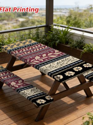 2D Flat A Set of 3 Outdoor Picnic Tables and Benches with Elegant Floral Stripes | Durable Polyester, Elastic Fit, Perfect for Camping, Patios, and Gardens