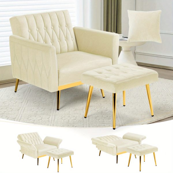 product-24e98182-c0cacf37-65ed-4314-bc2b-e5df011bcee8-cdcc78fbda458825ab5eed962fe99c76 ACMEASE Velvet Single Accent Chair with Adjustable Armrests And Backrest, Comfortable Single Chair with Ottoman, Button Tufted Lounge Recliner Armchair with Pillow for Living Room, Bedroom, Study Room