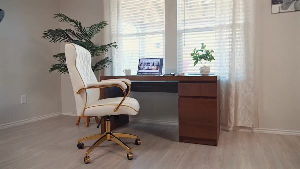 product-383538902f7a54b878f44a621f9a9cdfbf6810c3.goods_.000001 Executive High Back Office Chair With Tufted Design, Ergonomic Computer Desk Chair With Padded Armrests, Faux Leather Task Chair With Golden Metal Frame
