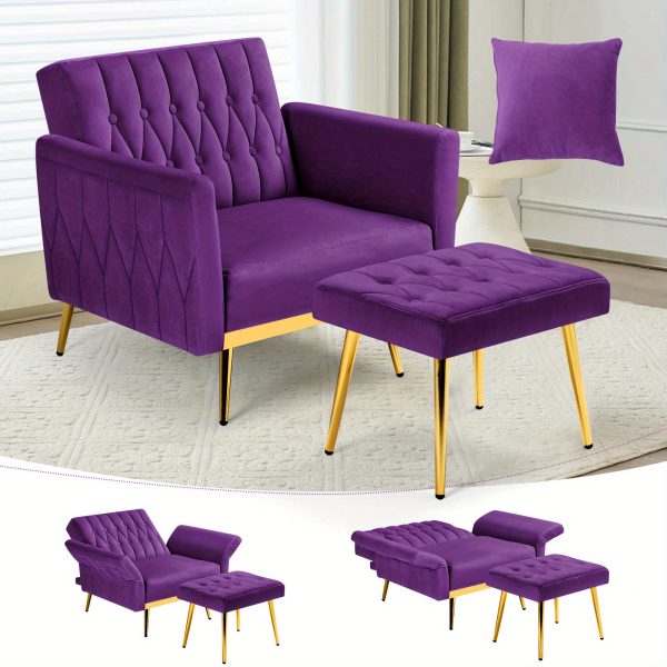 product-43366551-391cf6a9-c0aa-489d-afac-babc380f718d-13cf20a19bb57be18193dc6a9c3a5429 ACMEASE Velvet Single Accent Chair with Adjustable Armrests And Backrest, Comfortable Single Chair with Ottoman, Button Tufted Lounge Recliner Armchair with Pillow for Living Room, Bedroom, Study Room