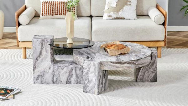 product-54bedf2e36f1ea030a877cf1419ed049526571b9.temu_.000001 MUUOKY Modern Round Nesting Coffee Table with Faux Marble Top & Glass Side Table - 24” Center Table Suitable for Living Room, 2-Tier Space-Saving, Easy Assembly, Luxury Apartment Furniture, Engineered Wood Base for Small Homes