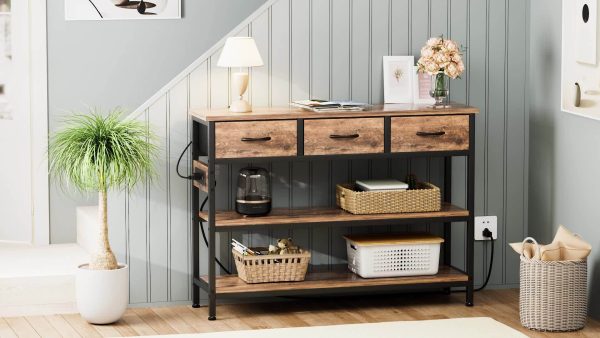 product-6e097b522de3a000088871fedb91704deb8f3d10.goods_.000001 3-Tier Console Table with Charging Station (2 AC Outlets + 2 USB Ports) - Hardwood Entryway Sofa Table with 3 Breathable Fabric Drawers & Open Shelves, Adjustable Feet, Modern Rustic Design for Narrow Spaces, Living Room, Hallway
